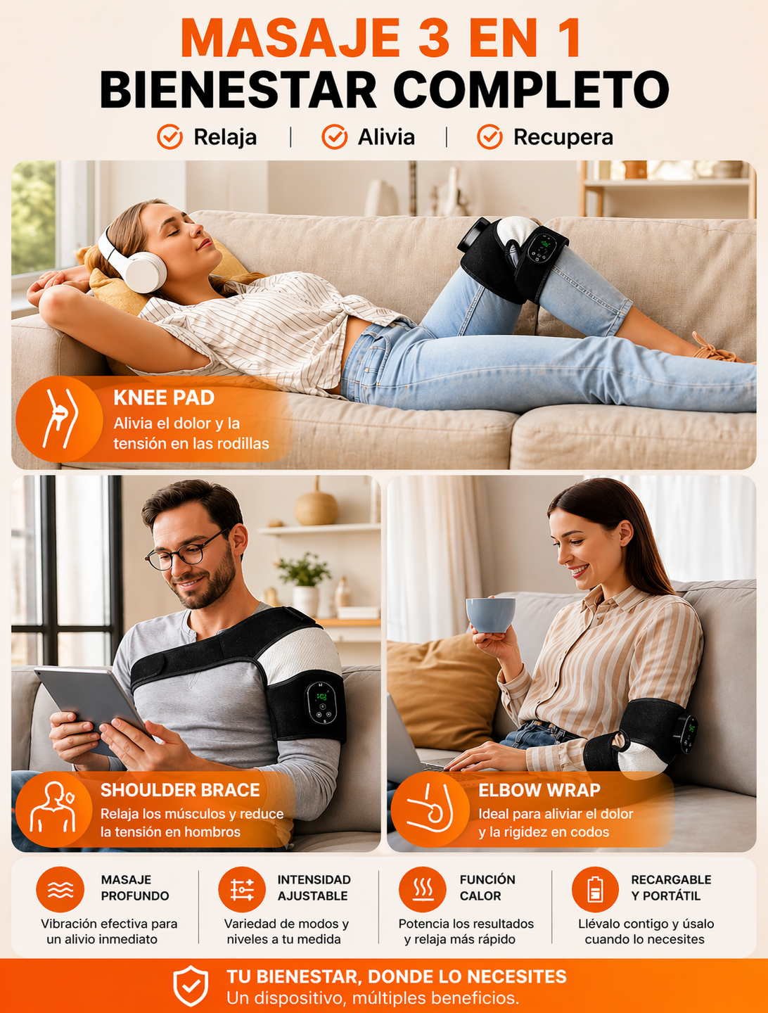 Masajeador para la rodilla 3 en 1. Reduce el dolor de rodilla sin salir de casa