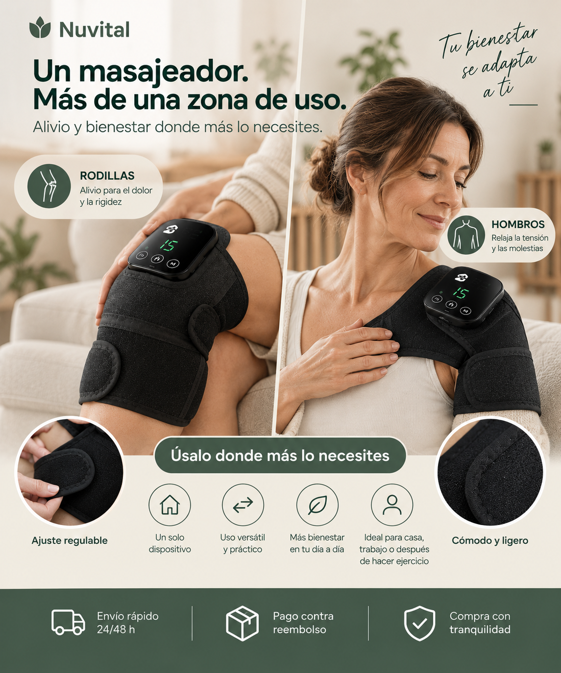 Masajeador para la rodilla 3 en 1.  Ayuda a aliviar el dolor y la rigidez de tus rodillas sin salir de casa