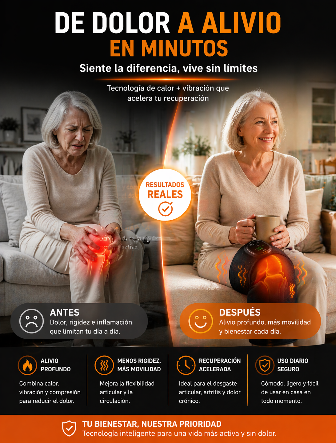 Masajeador para la rodilla 3 en 1.  Reduce el dolor de rodilla sin salir de casa