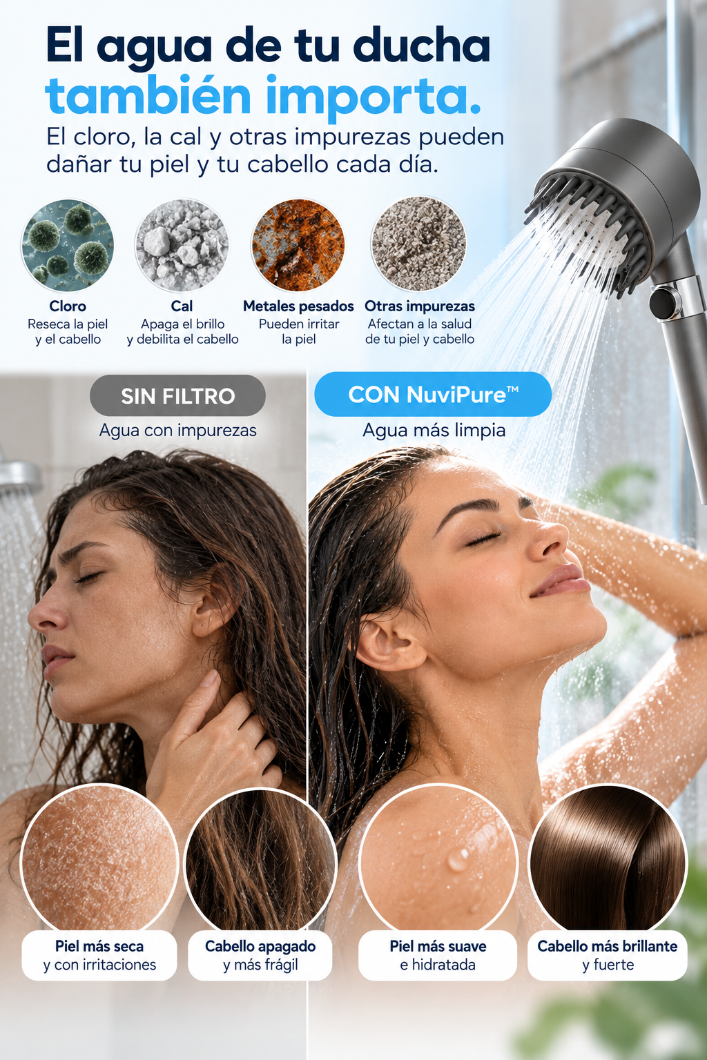 NuviPure. Agua más limpia. Mayor presión. Cuidado diario para tu piel y tu cabello.