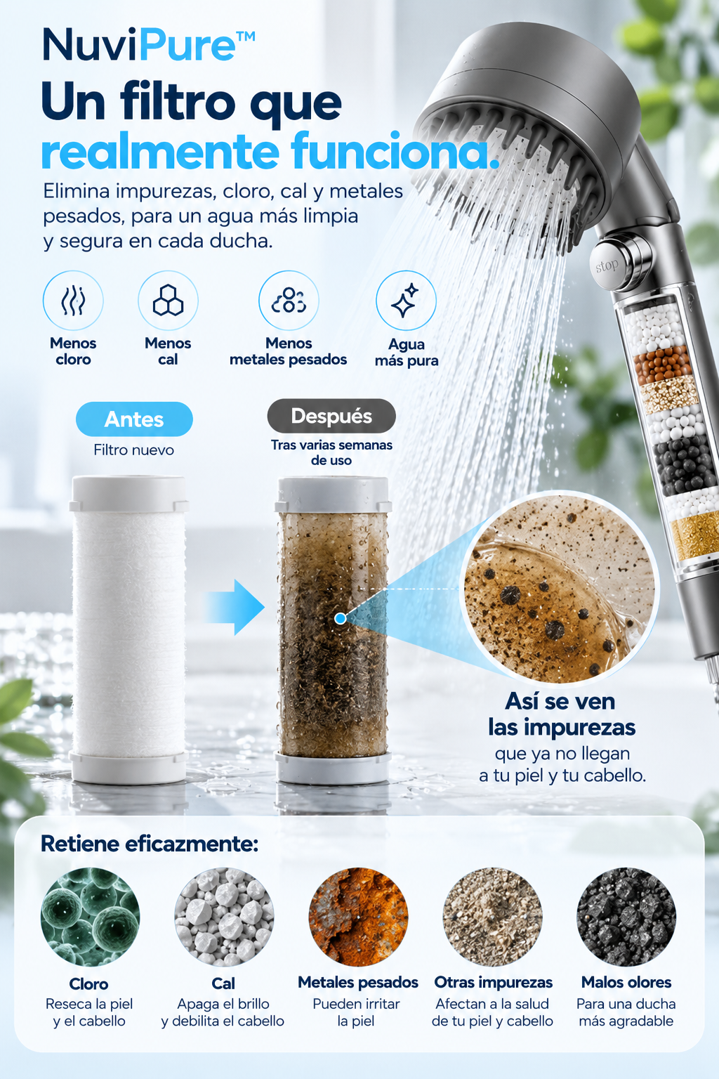 NuviPure. Agua más limpia. Mayor presión. Cuidado diario para tu piel y tu cabello.
