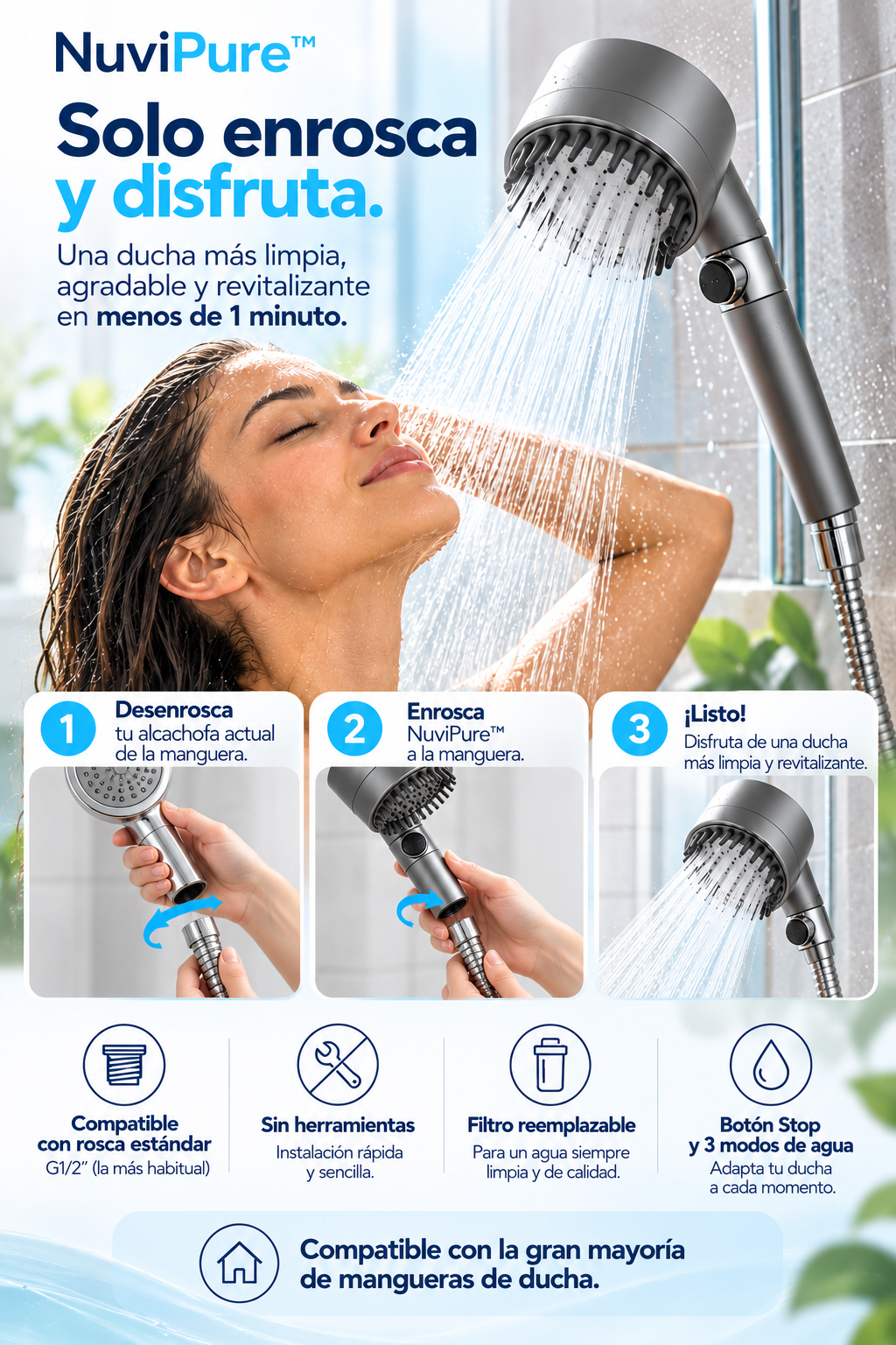 NuviPure. Agua más limpia. Mayor presión. Cuidado diario para tu piel y tu cabello.